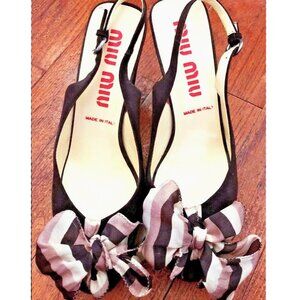 Miu Miu Vintage Silk Bow Brown Suede Peep-Toe Platform 4" Heels 37.5 EU / 7 US